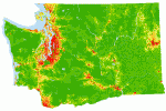Washington state map color-shaded by degree of population density. Red areas are most dense, while green are least. (Source: Washington State Office of Financial Management)